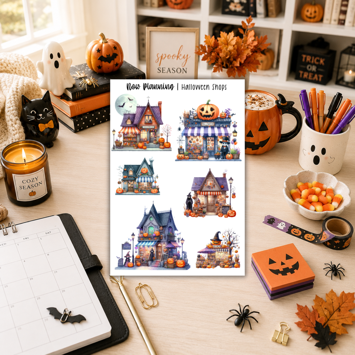 Halloween Shops Sticker Sheet | Halloween Planner Stickers | Cute Spooky Season Sticker Sheet