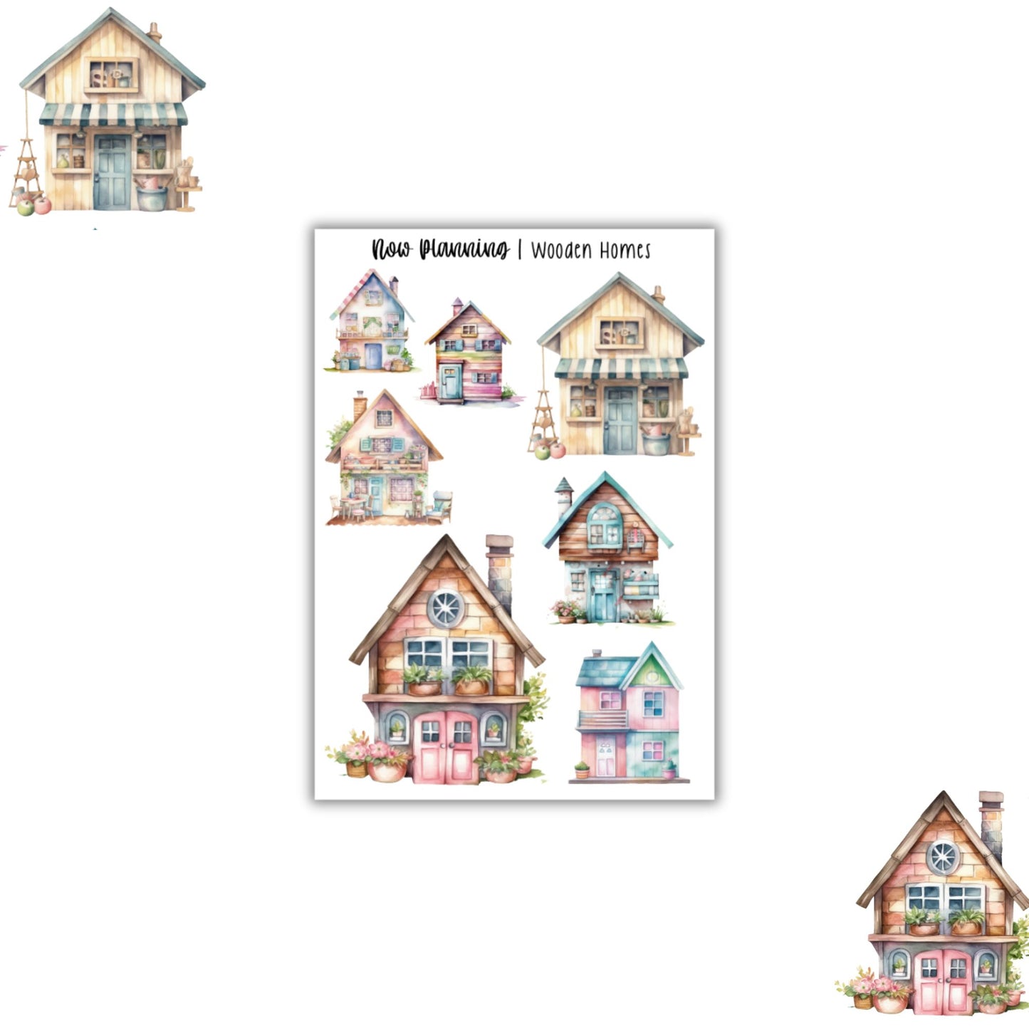 Wooden Homes Sticker Sheet | Spring Stickers | Journal Stickers, Planner Stickers, Scrapbook Stickers