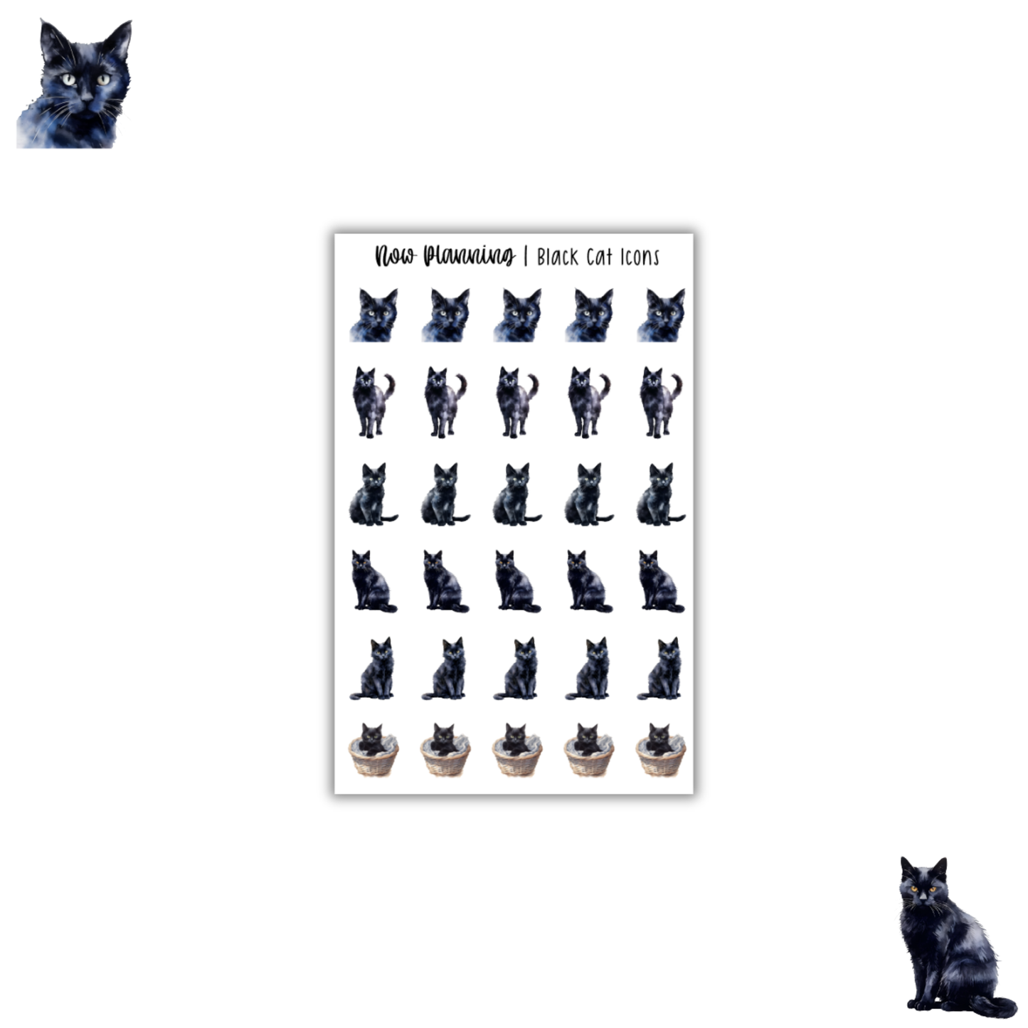 Black Cat Sticker Sheet | Pet Stickers | Journal Stickers, Planner Stickers, Scrapbook Stickers