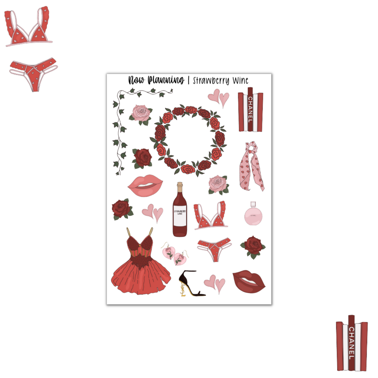 Strawberry Wine Sticker Sheet | Valentine's Day Stickers | Journal Stickers, Planner Stickers, Scrapbook Stickers