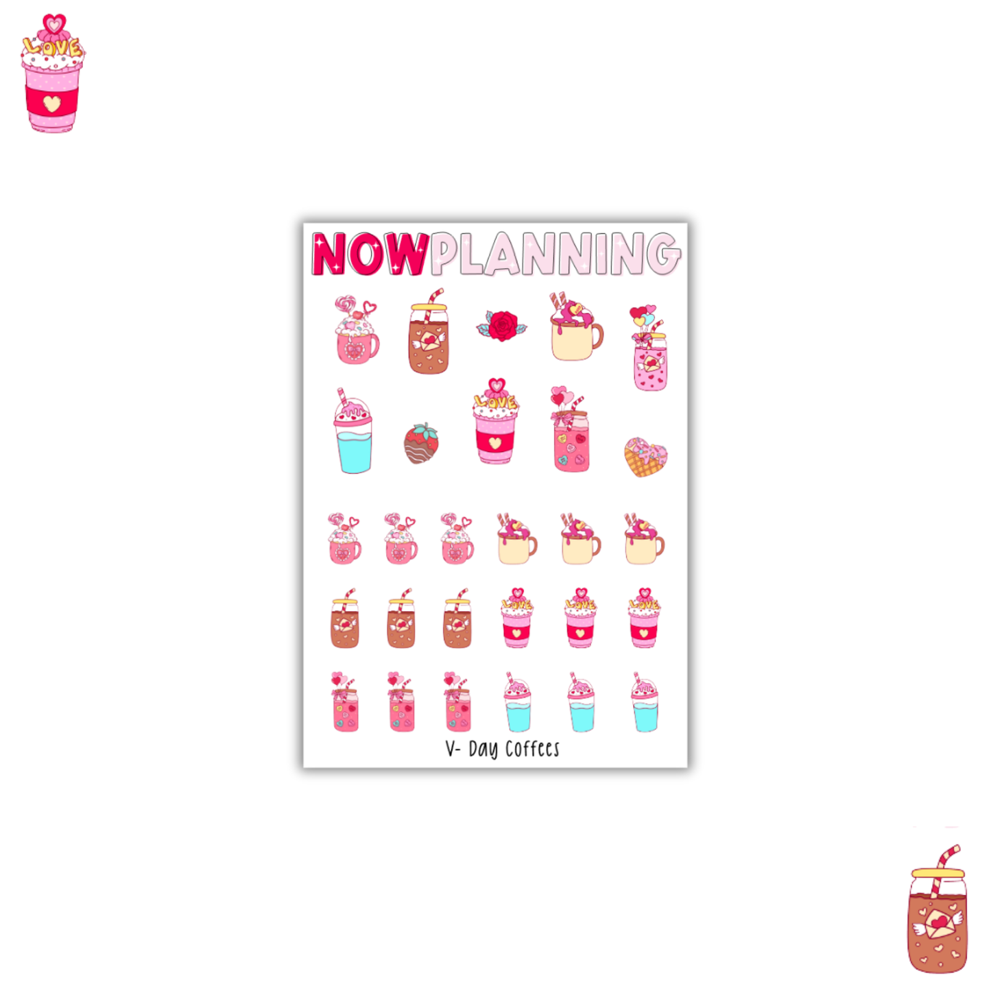 V-Day Coffees Sticker Sheet | Valentine's Day Stickers | Journal Stickers, Planner Stickers, Scrapbook Stickers