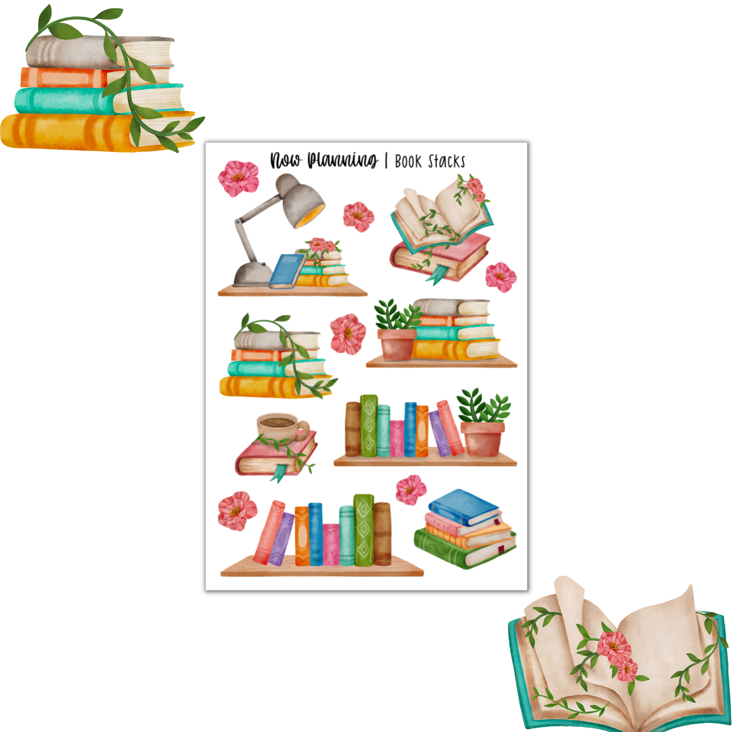Book Stacks Sticker Sheet | Book Reading Stickers | Journal Stickers, Planner Stickers, Scrapbook Stickers