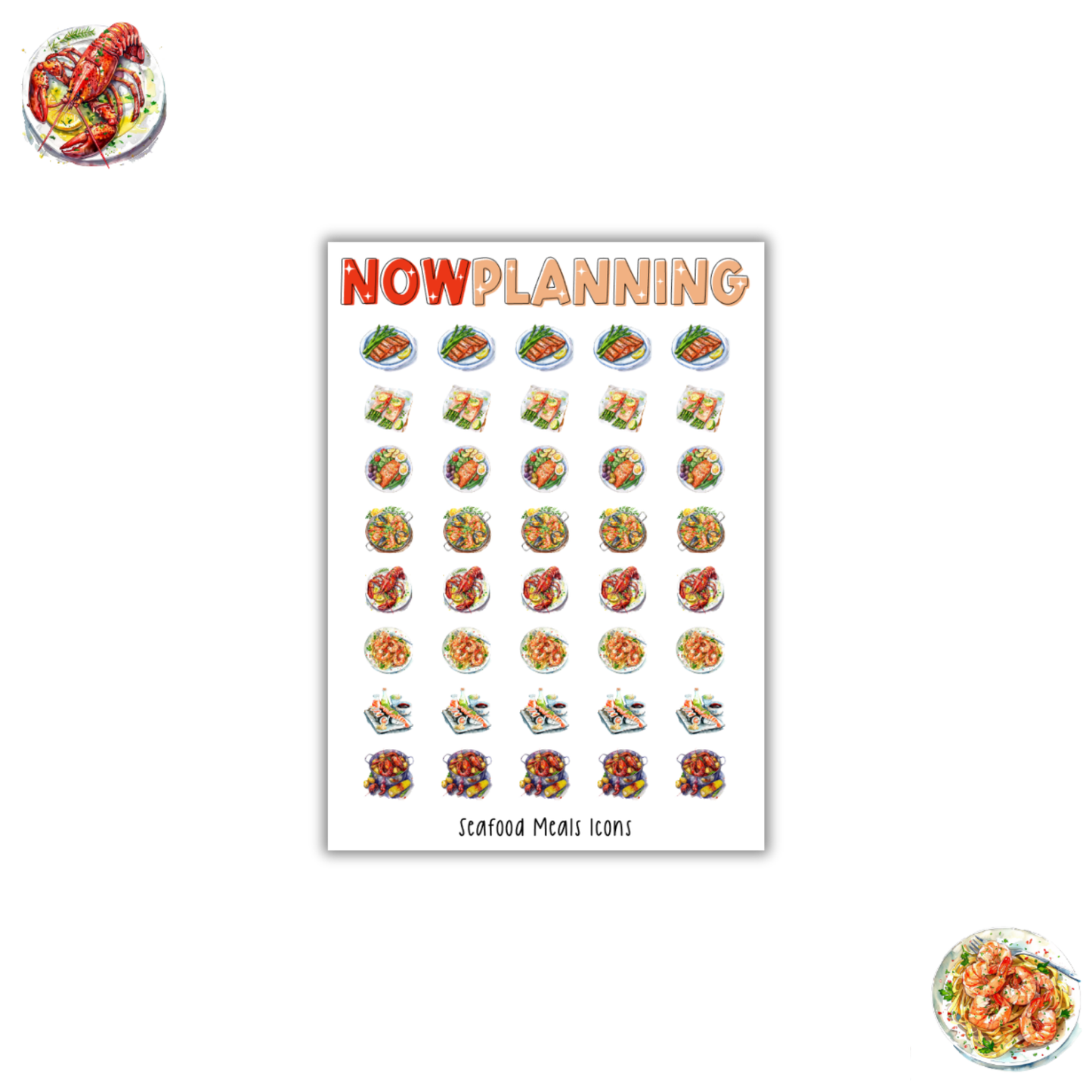 Seafood Meals Sticker Sheet  |  Bullet Journal Stickers, Planner Stickers, Scrapbook Stickers