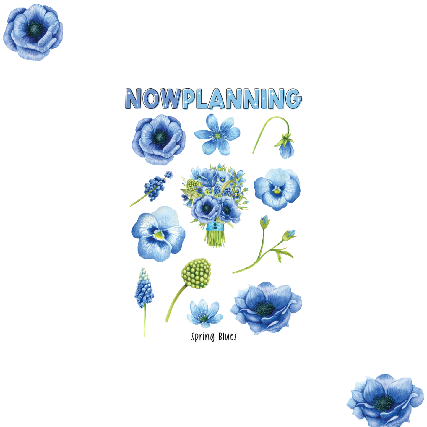 Spring Blues Sticker Sheet  |  Bullet Journal Stickers, Planner Stickers, Scrapbook Stickers