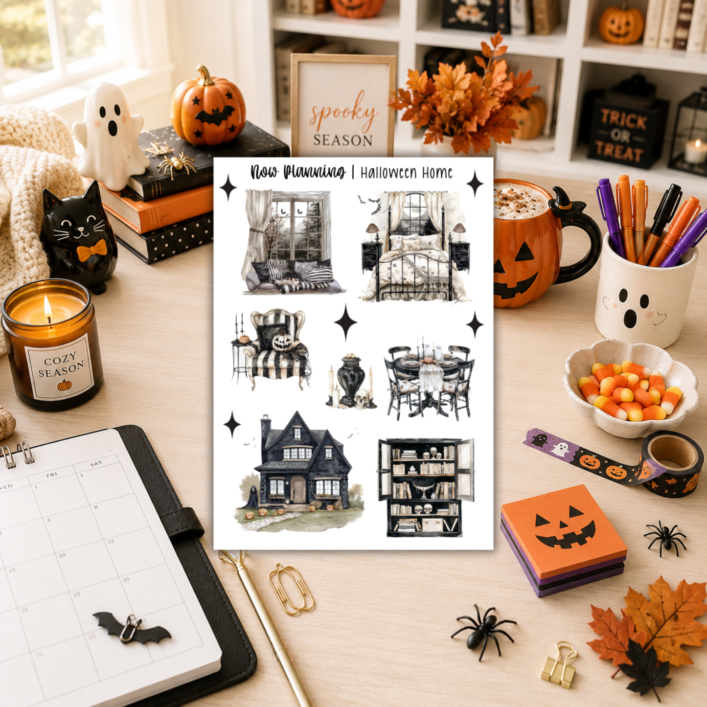 Halloween Home Sticker Sheet |  Halloween Planner Stickers | Cute Spooky Season Sticker Sheet