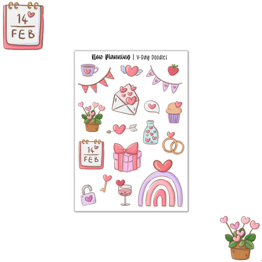 V-Day Doodles Sticker Sheet | Valentine's Day Stickers |  Journal Stickers, Planner Stickers, Scrapbook Stickers