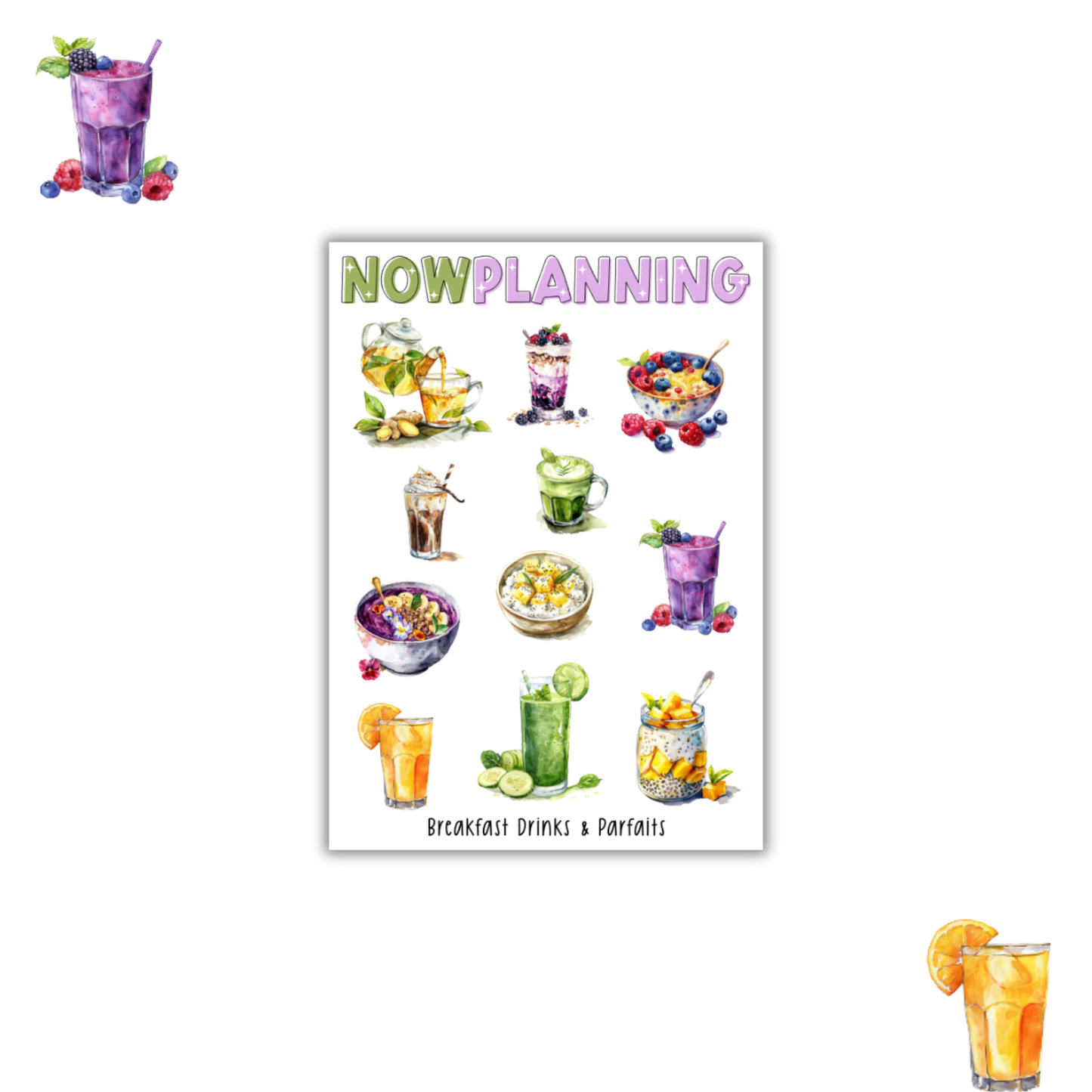 Breakfast Drinks & Parfaits Sticker Sheet  |  Bullet Journal Stickers, Planner Stickers, Scrapbook Stickers