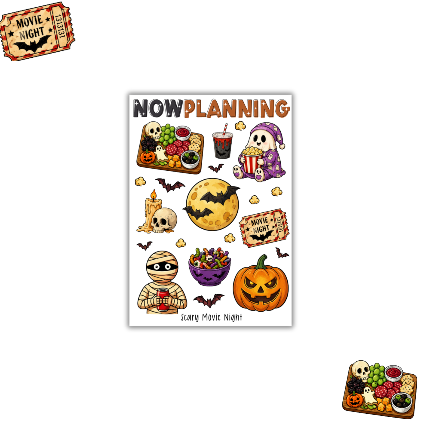 Scary Movie Night Sticker Sheet |  Halloween Planner Stickers | Cute Spooky Season Sticker Sheet