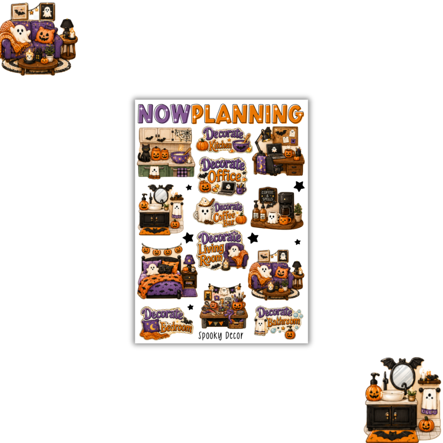 Spooky Decor Sticker Sheet |  Halloween Planner Stickers | Cute Spooky Season Sticker Sheet