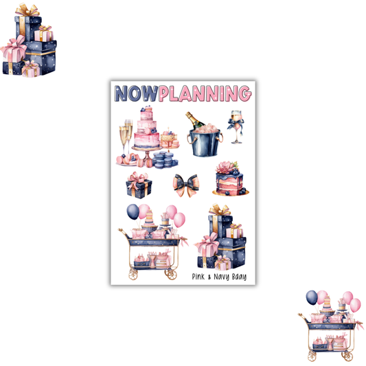 Pink & Navy B-Day Sticker Sheet |  Birthday Stickers |  Journal Stickers, Planner Stickers, Scrapbook Stickers