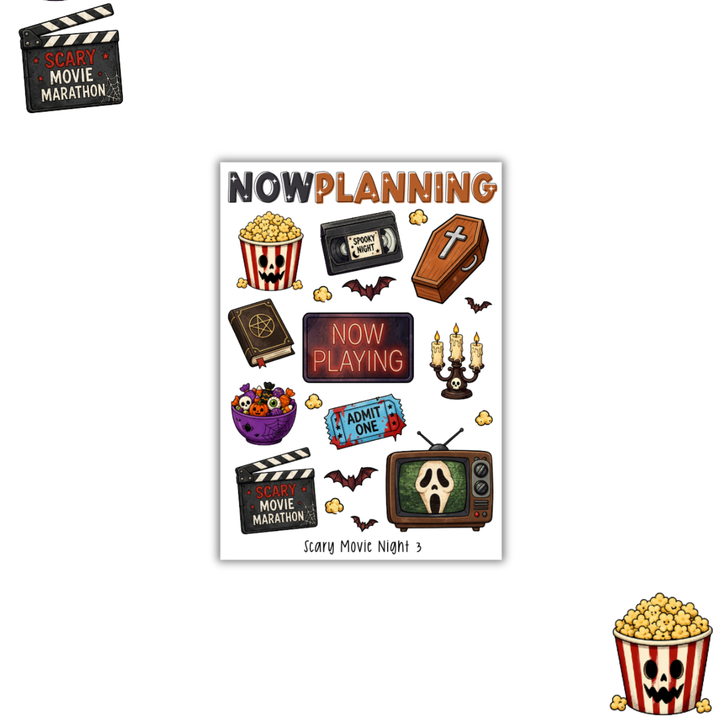 Scary Movie Night 3 Sticker Sheet |  Halloween Planner Stickers | Cute Spooky Season Sticker Sheet