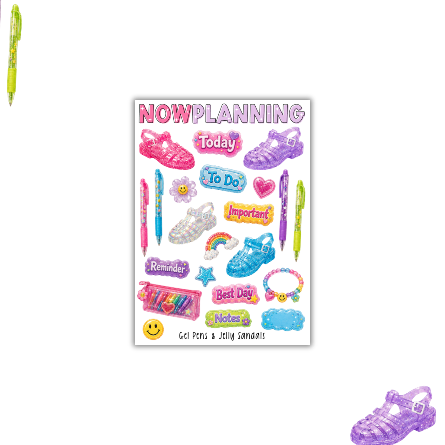Gel Pens & Jelly Sandals Sticker Sheet  |  Bullet Journal Stickers, Planner Stickers, Scrapbook Stickers