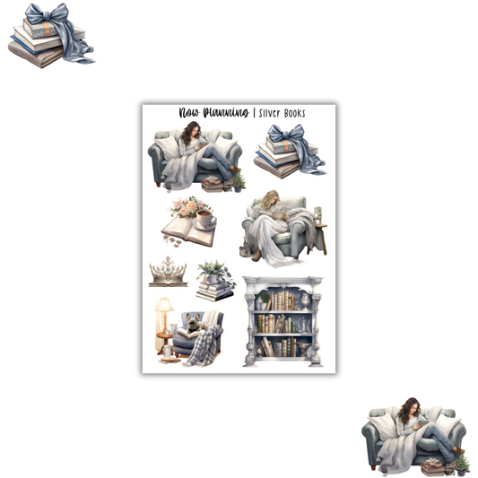 Silver Books Sticker Sheet |  Book Reading Stickers | Journal Stickers, Planner Stickers, Scrapbook Stickers