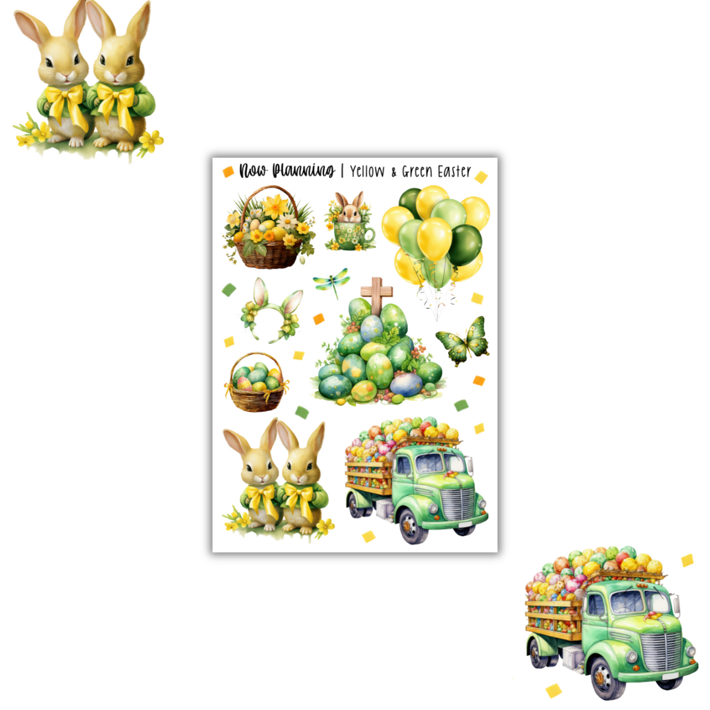 Yellow & Green Easter Sticker Sheet |  Journal Stickers, Planner Stickers, Scrapbook Stickers