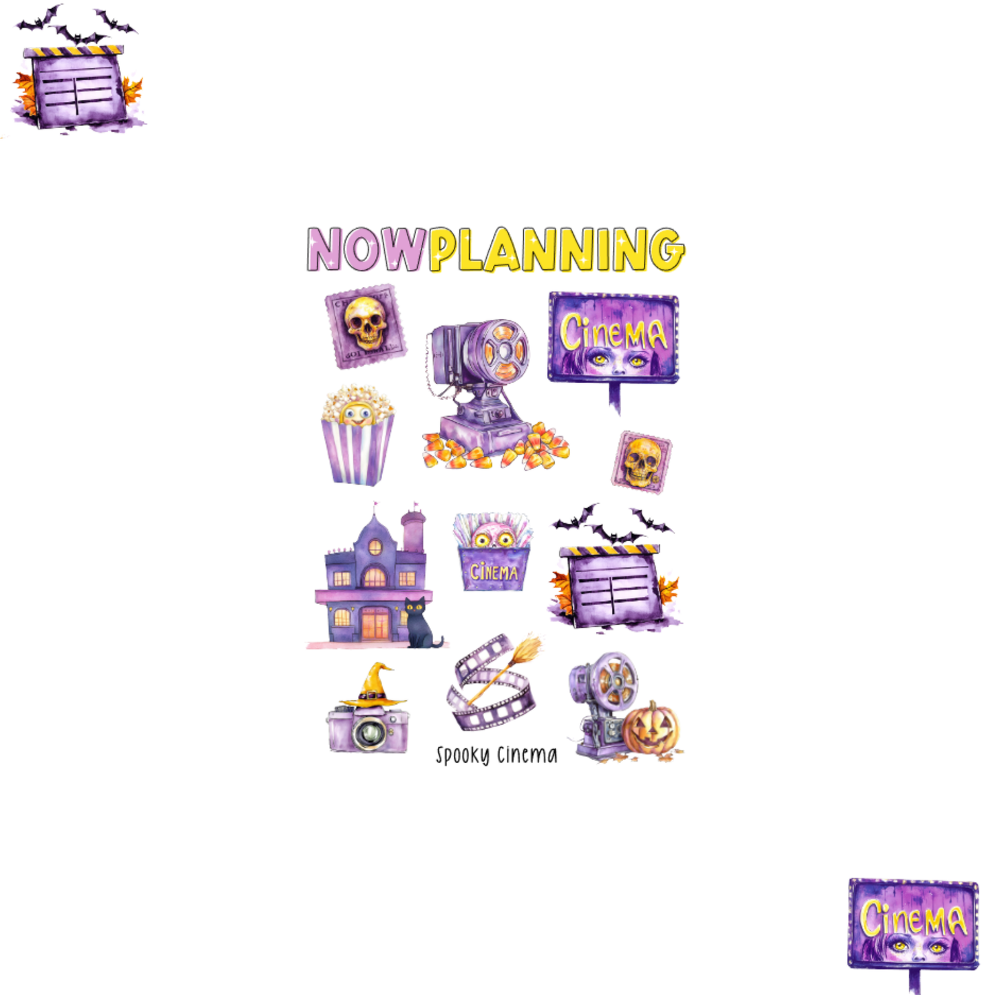 Spooky Cinema Sticker Sheet |  Halloween Planner Stickers | Cute Spooky Season Sticker Sheet