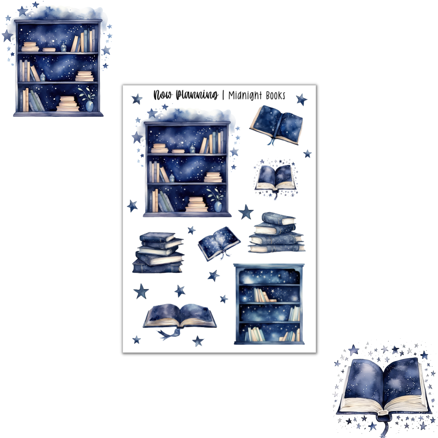Midnight Books Sticker Sheet |  Book Reading Stickers | Journal Stickers, Planner Stickers, Scrapbook Stickers