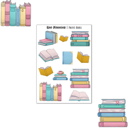 Pastel Books Sticker Sheet |  Book Reading Stickers | Journal Stickers, Planner Stickers, Scrapbook Stickers